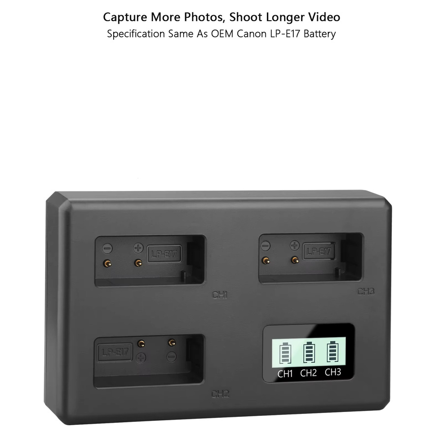 Dreifaches LP-E17 Akku-Ladegerät für Canon EOS RP, R50, R10, R8, M3, M5, M6, 200D, 200DII, 77D, 750D, 760D, 800D, 8000D in Schwarz - Bild 3