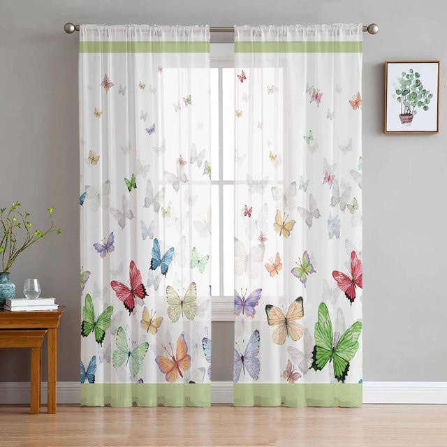 Yiran Furniture Transparente Tüll-Vorhänge mit Blumen- und Schmetterlingsmuster in Blau und Weiß, Breite: 135 cm, Höhe: 115 cm - Bild 1