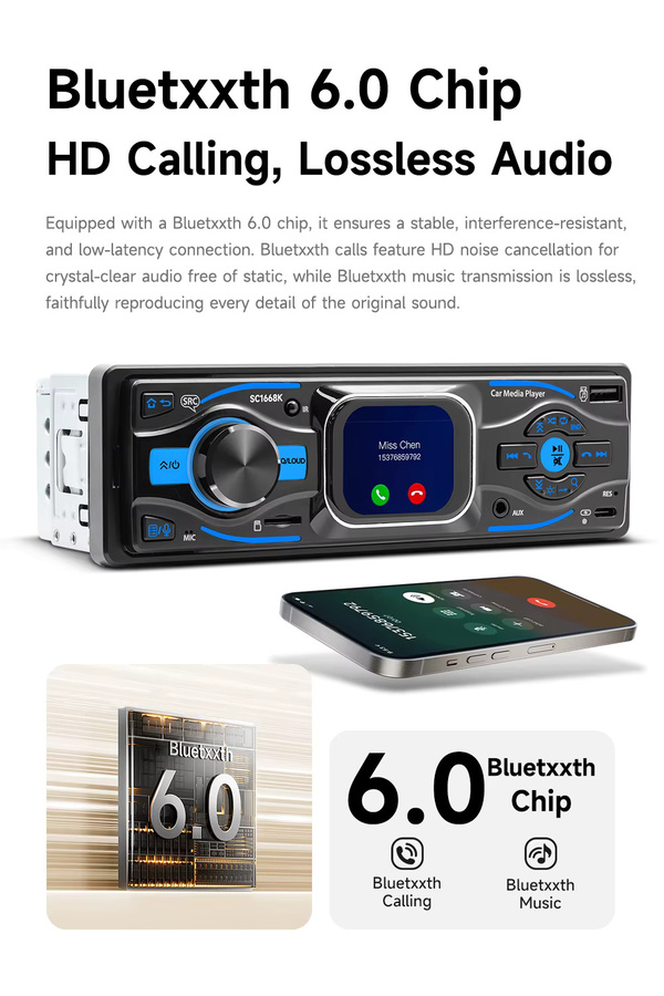 BQCC Autoradio mit 2,2-Zoll-MP3-Touchscreen, Bluetooth 6.0, FM-RDS, AUX, USB und Typ-C in Schwarz - Bild 3