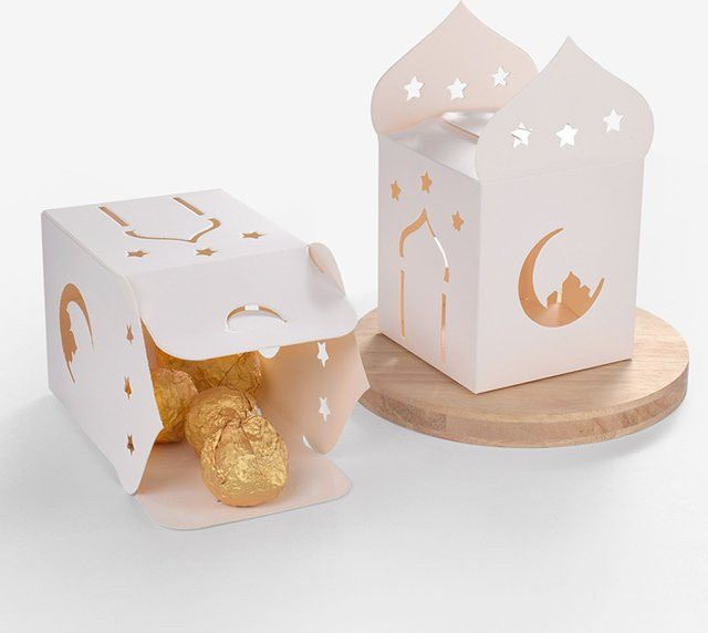 10 Stück Ramadan Mubarak Geschenkboxen aus Papier in Weiß mit Mond und Sternen Muster für Schokolade und Süßigkeiten zur Eid al-Fitr Party DIY Verpackung - Bild 1