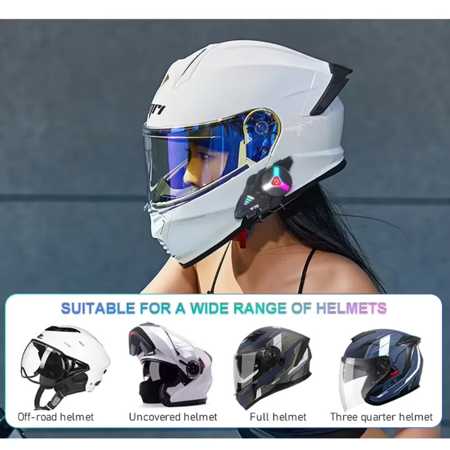 Velev 2026 Y70 Motorrad Bluetooth Helm Headset in Schwarz mit bunten Lichtern, IPX6 wasserdicht und Dual Connection für 2 Telefone - Bild 4