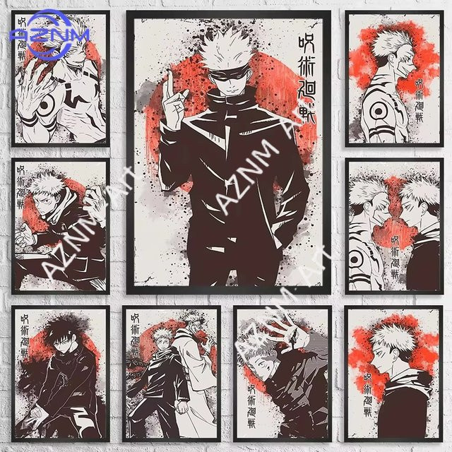 KAYOU Retro Leinwand-Poster Jujutsu Kaisen Anime Illustration mit Itadori Yuji, Gojo Satoru und Toji als Wanddekoration in Mehrfarbig - Bild 1