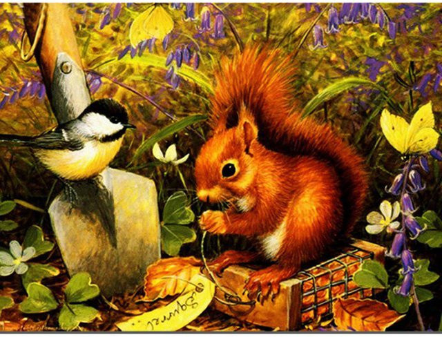 FIYO Diamant-Stickerei Set mit Eichhörnchen und Spatz, 5D Diamantgemälde in Gelb und Multicolour, B/H: 20 x 30 cm - Bild 1