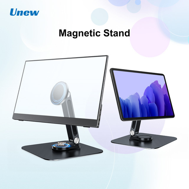 UNEW Magnetischer 360 Grad Drehbarer Monitorständer aus Metall in Schwarz für Tablets und Smartphones von 7 bis 21,5 Zoll - Bild 1