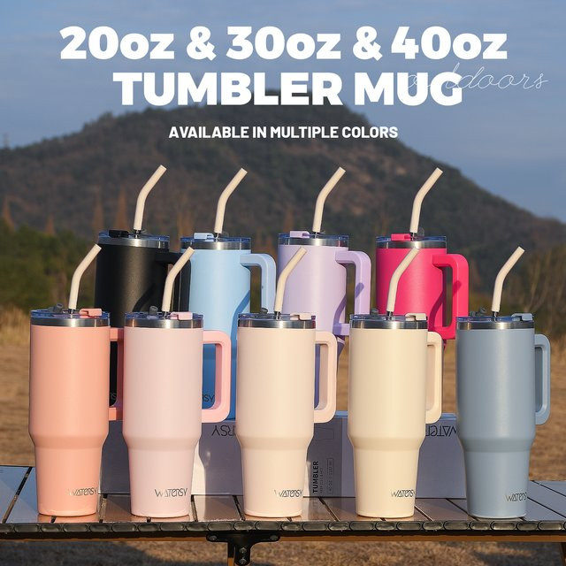 WATERSY Thermobecher aus Edelstahl mit Griff und Strohhalm, vakuumisolierter Tumbler in Blau, Volumen: 946 ml (32 oz) - Bild 1