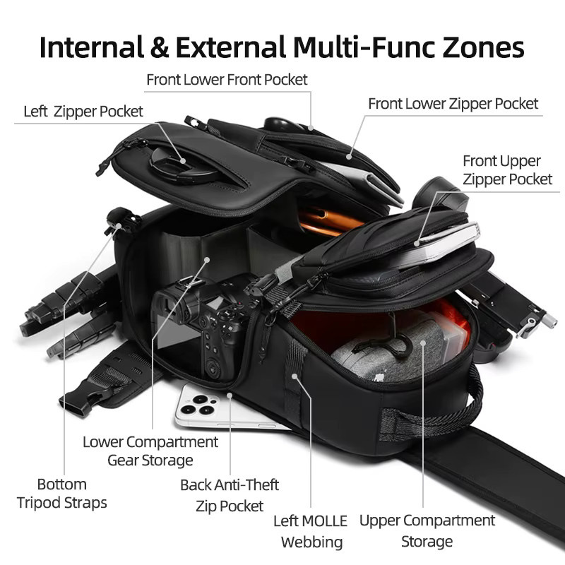 Schwarze Herren SLR-Kamera-Umhängetasche für Outdoor-Sport und Reisen mit Stativkompatibilität - Bild 3