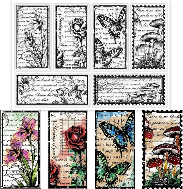 Transparentes Silikon-Stempelblatt mit Vintage-Blumen, Pilzen und Schmetterlingen für die Kartenherstellung, B/T/H: 16,0 x 11,0 x 0,3 cm - Bild 1