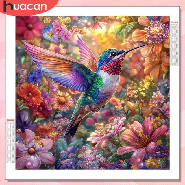 HUACAN Diamant-Mosaik Set Kolibri und Blumen in Mehrfarbig, Diamant-Gemälde mit Strasssteinen als Wanddeko - Bild 1