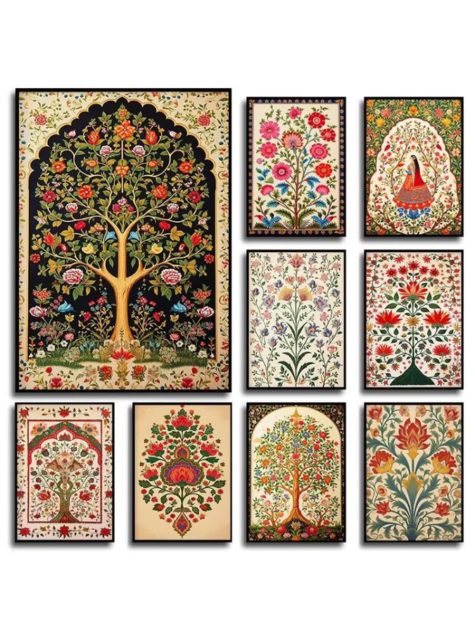 Potdemiel Indischer Vintage-Lotusblüten Baum des Lebens Wandkunstdruck als minimalistisches Leinwandgemälde im Portraitformat - Bild 4