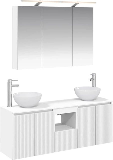 vidaXL Badezimmerschrank-Set 4-teilig in Weiß mit Waschtischunterschrank, Hochschrank und Spiegelschrank mit LED-Beleuchtung, B/T/H: 100 x 14,5 x 70 cm - Bild 1