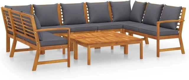 vidaXL 9-tlg. Garten-Lounge-Set aus Akazienholz in L-Form mit grauen Auflagen - Bild 1