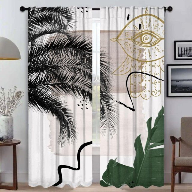 Eukalyptus und Fächerpalme Fenster Vorhänge im 2er Set, moderne halbtransparente Gardinen mit floralem Design, B: 50 cm, H: 70 cm pro Paneel - Bild 1