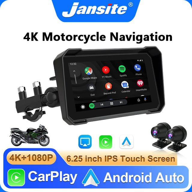 Jansite Tragbares 6,25 Zoll Motorrad-GPS-Navigationsgerät mit kabellosem CarPlay und Android Auto, Moto-Monitor mit DVR-Funktion, IPX7 wasserdicht, unterstützt 4K+1080P, Schwarz - Bild 1