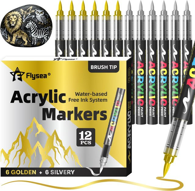Kolorowys Acrylmarker Set mit 12 Stück, Wasserbasierte Markerstifte mit weicher Pinselspitze in Schwarz, Weiß, Gold, Silber und Multicolour für Steinmalerei und Holz - Bild 1