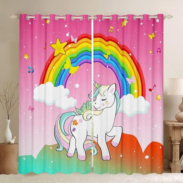 Yiran Furniture Verdunkelungsvorhänge mit Einhorn-Motiv und Regenbogen, 2er Set, Mehrfarbig, B: 55 cm, H: 120 cm - Bild 1
