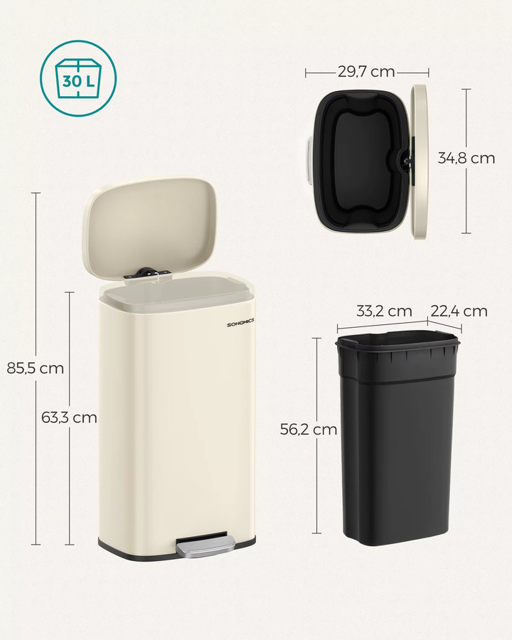 SONGMICS Küchenmülleimer mit Softclose-Deckel und Inneneimer, 30 Liter, Beige - Bild 3