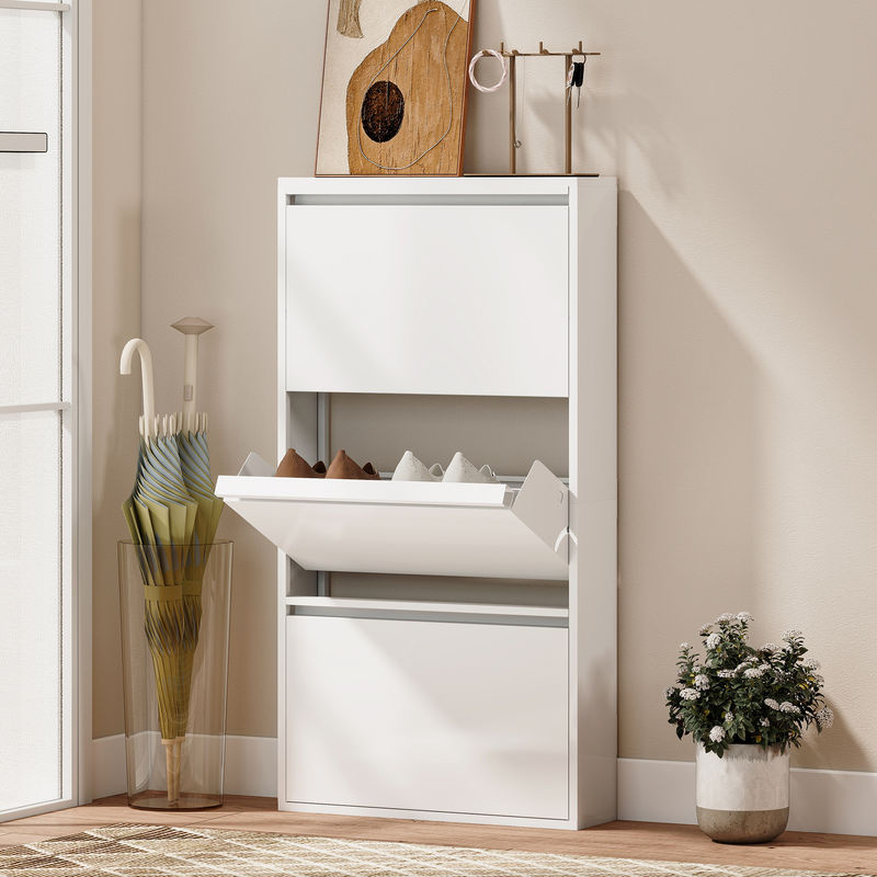 HOMCOM Schuhschrank aus Metall in Weiß mit 3 Klappen für 6 Paar Schuhe, Wandmontage, B: 55 cm, T: 15 cm, H: 105,5 cm - Bild 2