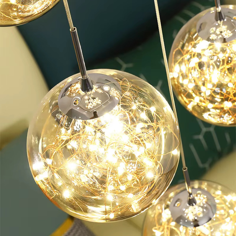 ZHUOYU Moderne LED-Pendelleuchte mit transparenten Glaskugeln in Gold/Messing, dimmbar, ideal für Wohnzimmer und Treppenhaus - Bild 5