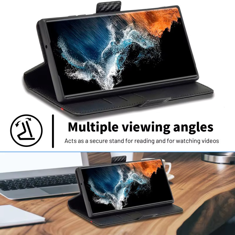 EUCAGR Carbon Fiber Flip Magnet Handyhülle aus PU Leder für Samsung Galaxy S26 Ultra S25 S24 S23 S22 S21 S20 S10 S9 S8 Plus in Schwarz - Bild 2
