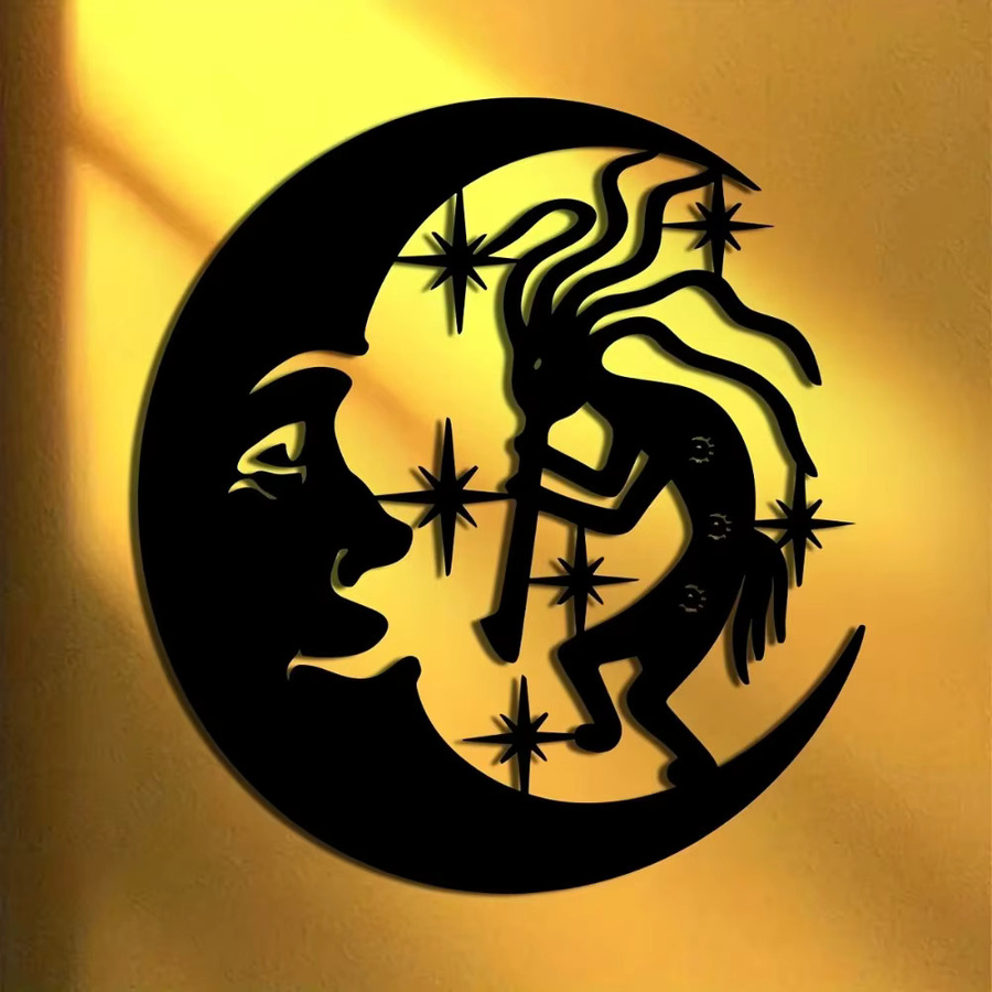 Kokopeli Metall-Wandkunst von CIFBUY, schwarz-goldene lasergeschnittene Eisenskulptur im Südwest-Stil, B/H: 40 x 40 cm - Bild 2
