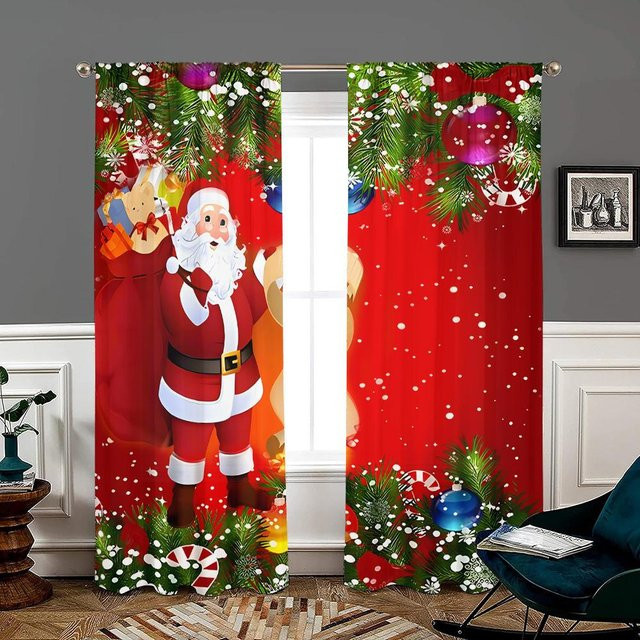 2er-Set Weihnachtsmann Vorhänge rot, halbtransparent, mit Rod Pocket für Wohnzimmer, Schlafzimmer und Küche, B: 150 cm, H: 166 cm - Bild 1