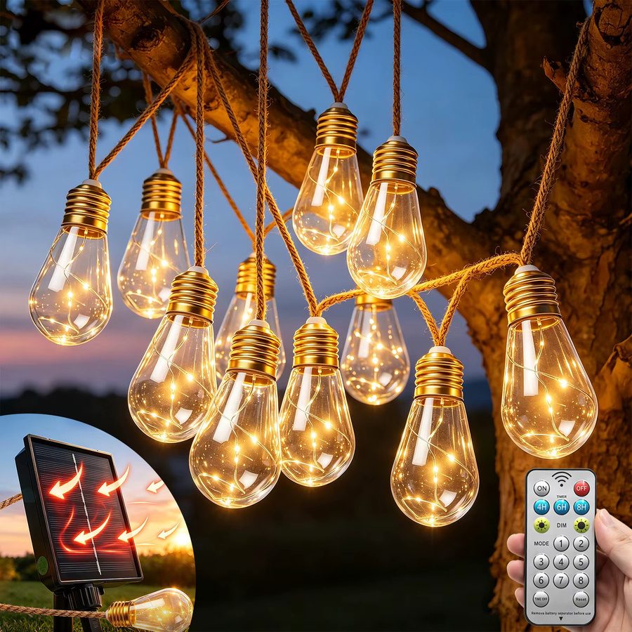 HEGEHE Solar-Lichterkette S17 Papaya mit Hanfseil und Kupferdraht, Mehrfarbig/RGB, Wasserdicht für Außen, Garten und Terrasse im Boho-Stil - Bild 1
