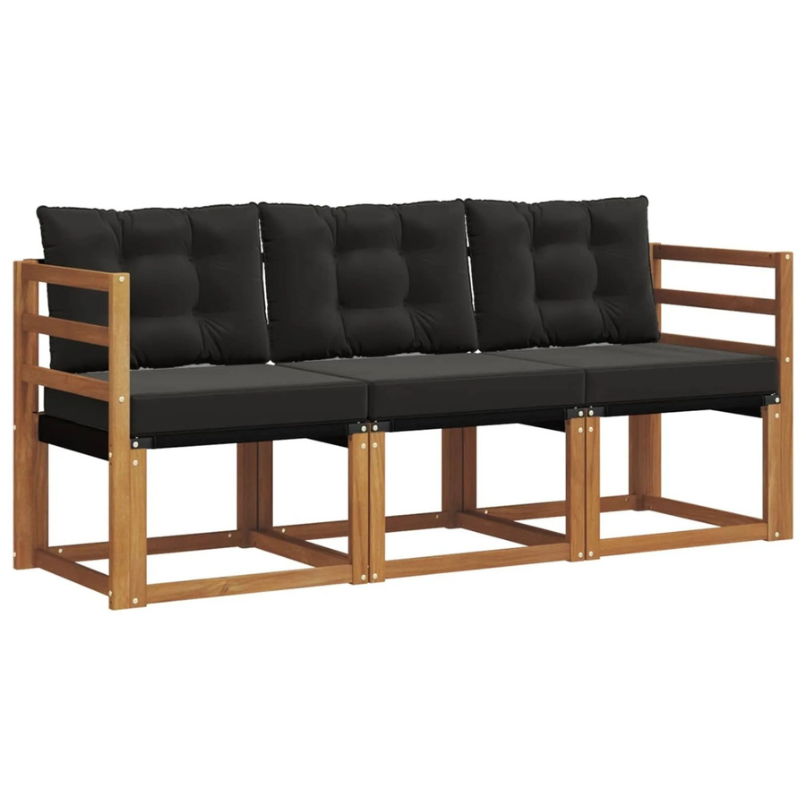 vidaXL Outdoor-Sofagarnitur 3-teilig aus Akazienholz und Textilene in Schwarz und Natur mit Kissen und Armlehnen - Bild 2