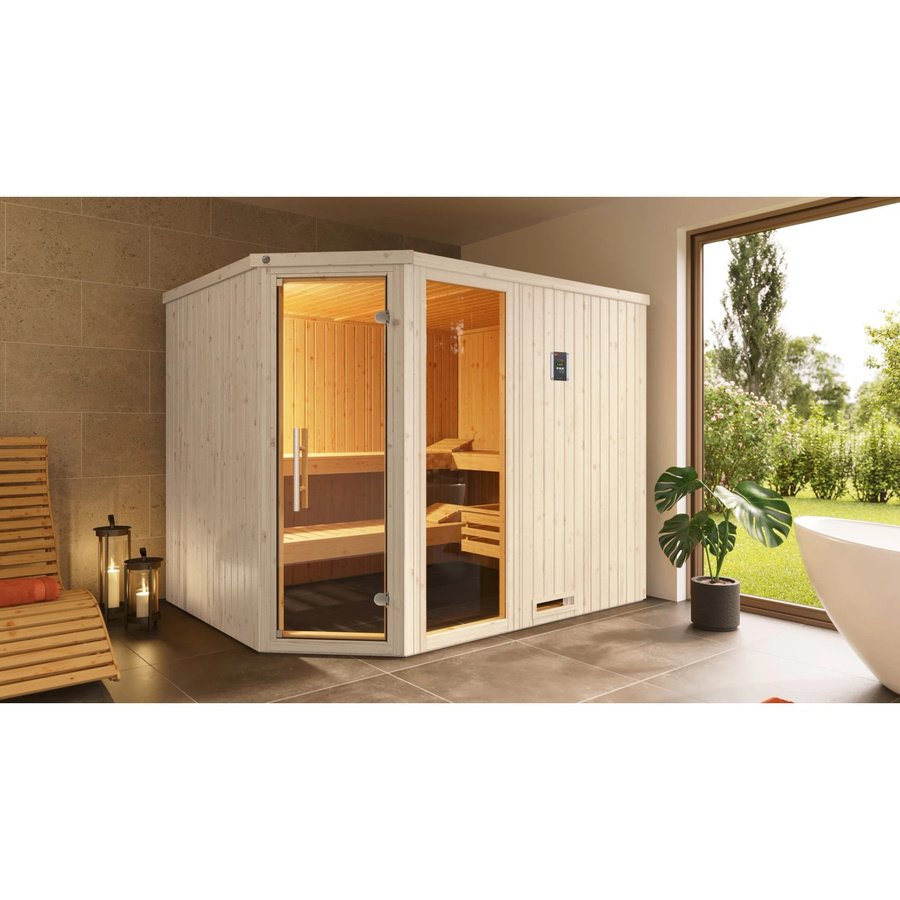 WEKA Ecksauna Varberg 4 in Weiß mit 9 kW Ofen, externer Steuerung und Glasfront als Sparset - Bild 2