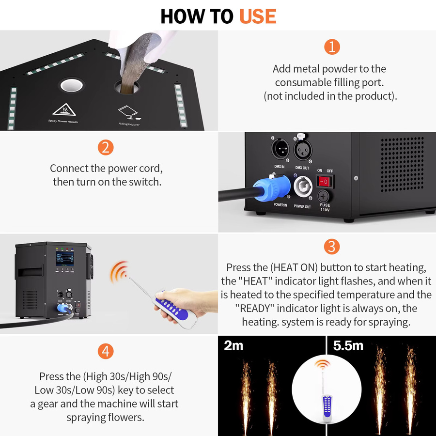 U'King RGB LED Kaltfunkenmaschine 700W mit DMX512 für Innen- und Außenbereich, Multicolour Effektmaschine in Schwarz - Bild 5