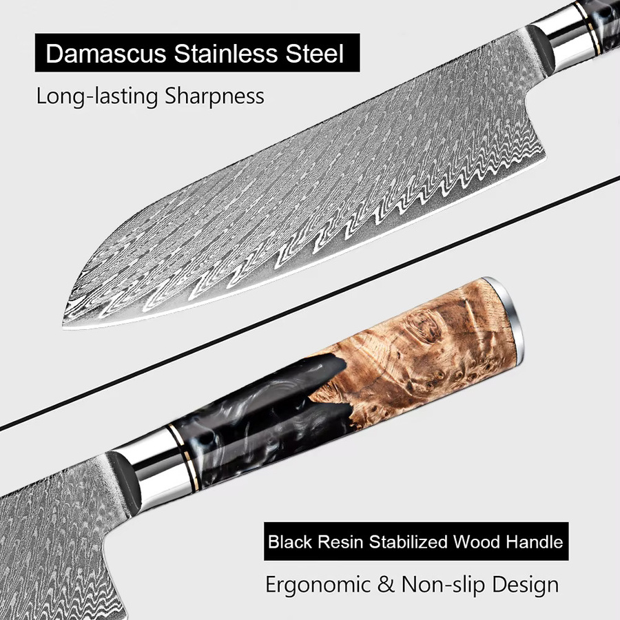 Xituo Santoku Messer aus Damaststahl mit VG10 Klinge und ergonomischem Holzgriff, 17,78 cm - Bild 3