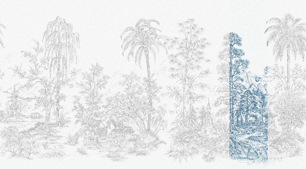 Jannelli & Volpi Mural Mandalay Vinyl Tapete mit floralem Muster in Weiß und Blau - Bild 1