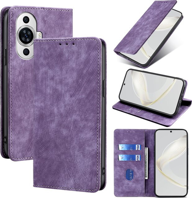 RFID Leder-Brieftaschenhülle für Huawei Nova 11 Ultra 10 9 8 7 6 5T Pro SE Y61 Y70 Plus Y90 Y91 mit Magnetverschluss und Kartenfach in Schwarz oder Lila - Bild 1