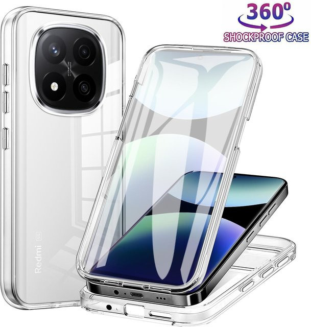 Stoßfeste 360° Vollkörperschutz Handyhülle für Xiaomi Redmi Note 14 13 12 11 Pro Plus und Redmi 14C 13C 12C in Transparent mit Displayschutz aus PC und TPU - Bild 1