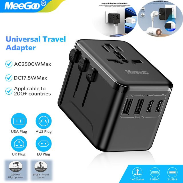 MeeGoo GaN Universal-Reiseadapter weltweit in Schwarz mit 2 Typ-C-Anschlüssen, 2 USB-Anschlüssen und 1 AC-Steckdose für EU, US, JP und AU - Bild 1
