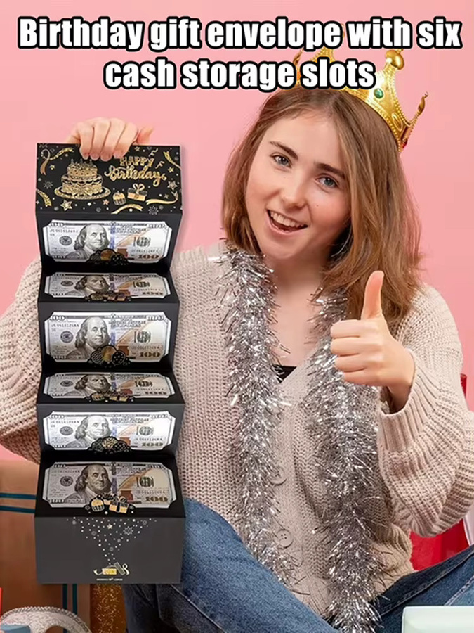 Schwarzer Geburtstags-Geschenkumschlag mit Goldrand und 6 Geldfächern aus Papier mit selbstklebendem Verschluss - Bild 6