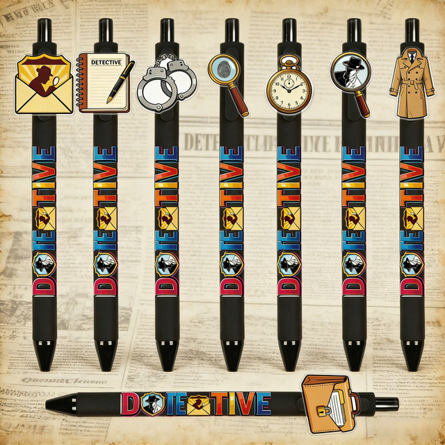 8 Stück Kugelschreiber im Detektiv-Stil aus Kunststoff in Schwarz - Bild 1