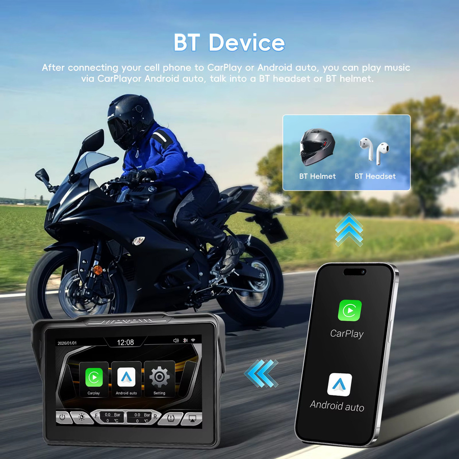 Podofo 7 Zoll Kabelloser CarPlay und Android Auto Motorrad-Player, IP67 Wasserdichter Smart-Navigationsmonitor mit Touchscreen und Bluetooth, Schwarz - Bild 7