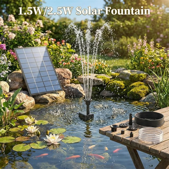 AISITIN Solarbrunnen Schwarz mit 6 Düsen für Garten, Teich und Vogelbad, 1,5 W/2,5 W DIY-Pumpe, rund - Bild 1