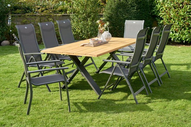 Hartman Xanadu Alice Comfort Garten-Essgruppe aus Aluminium und Teakholz in Anthrazit mit 2 Stapelsesseln und 6 Klappstühlen, Tisch B: 220 cm, T: 100 cm - Bild 1