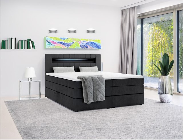 M-Punkt Boxspringbett KUBA KING mit Bettkasten und Visco Topper, Schwarz, Webstoff, B/T: 200 x 200 cm, Taschenfederkern - Bild 1