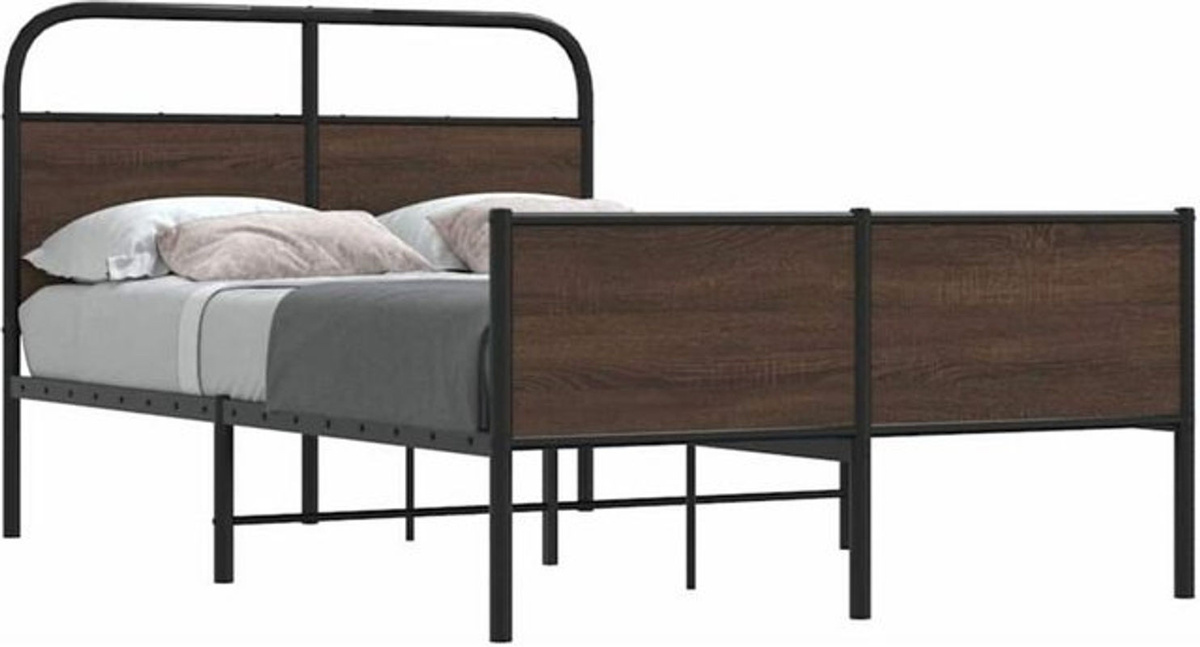 vidaxl Doppelbett Bettgestell in Braun mit Eichen-Optik aus Holz und Stahl im Industrial-Stil, B/T/H: 140 x 200 cm - Bild 1