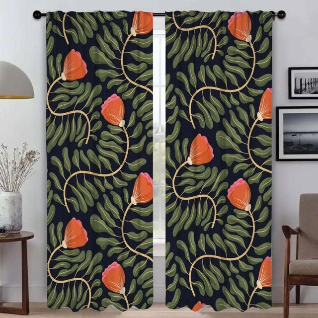 Vintage Verdunkelungsvorhänge mit Grafikprint, 2er-Set halbtransparent, Mehrfarbig, B: 60 cm, H: 90 cm - Bild 1