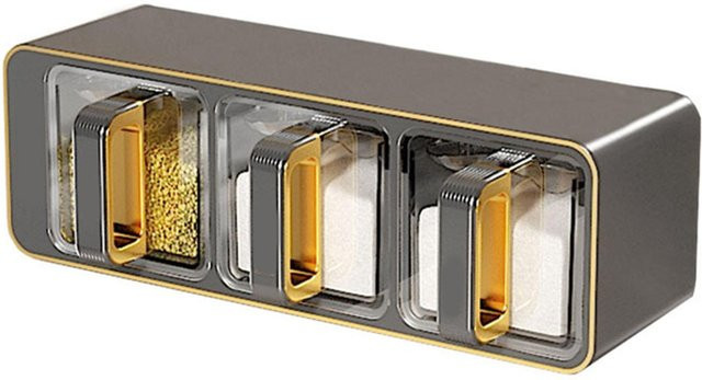 CosyHome Küchen Gewürzbox mit 3 Fächern und Löffeln, Wandmontiertes Gewürzglas aus Glas und Kunststoff, Grau - Bild 1