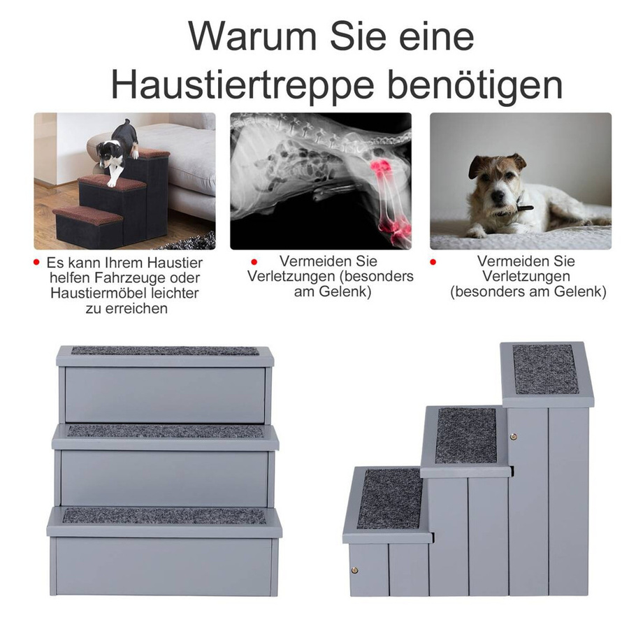 PawHut Hundetreppe aus Tannenholz in Grau mit rutschfester Oberfläche, Länge: 40,5 cm, Breite: 44,5 cm, Höhe: 38,0 cm - Bild 4