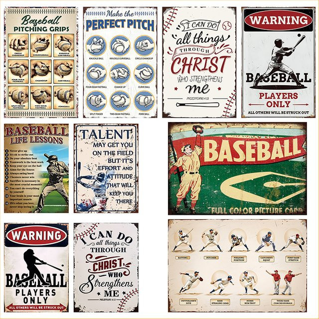 OANKR Vintage Baseball Metallschild Retro Wanddekoration Mehrfarbig B: 30,0 cm, H: 20,0 cm - Bild 1