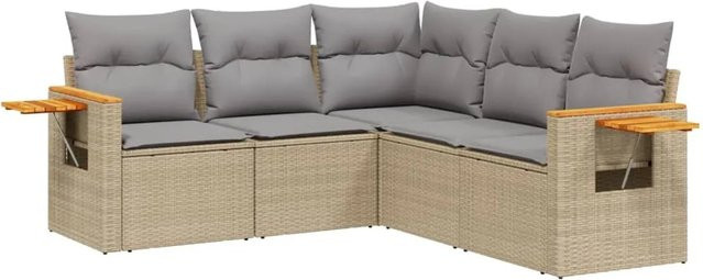 vidaXL 5-tlg Garten-Sofagarnitur in L-Form aus Poly-Rattan und Akazienholz mit Kissen in Beige - Bild 1