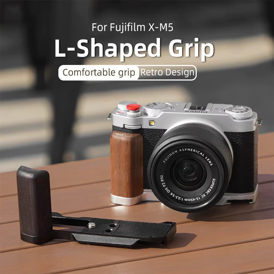 L-förmiger Holz-Handgriff für Fujifilm X-M5 Kamera in Braun und Silber - Bild 3