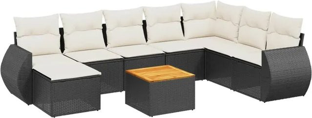 vidaXL 9-teilige Garten-Sofagarnitur in L-Form aus Poly-Rattan und pulverbeschichtetem Stahl mit Kissen in Schwarz-Creme - Bild 1