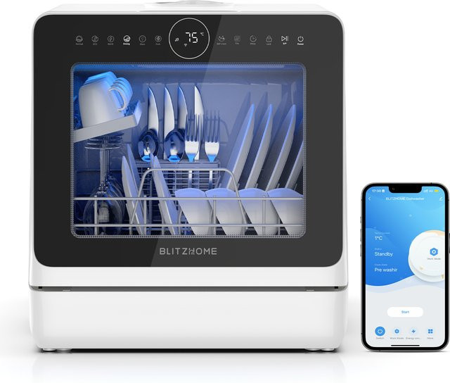 BLITZHOME BH-4-CDW Kompakter intelligenter Arbeitsplatten-Geschirrspüler in Weiß mit APP-Steuerung, 8 Programmen, 3D 360 Grad Doppelspray und integriertem 5-Liter-Wassertank - Bild 1