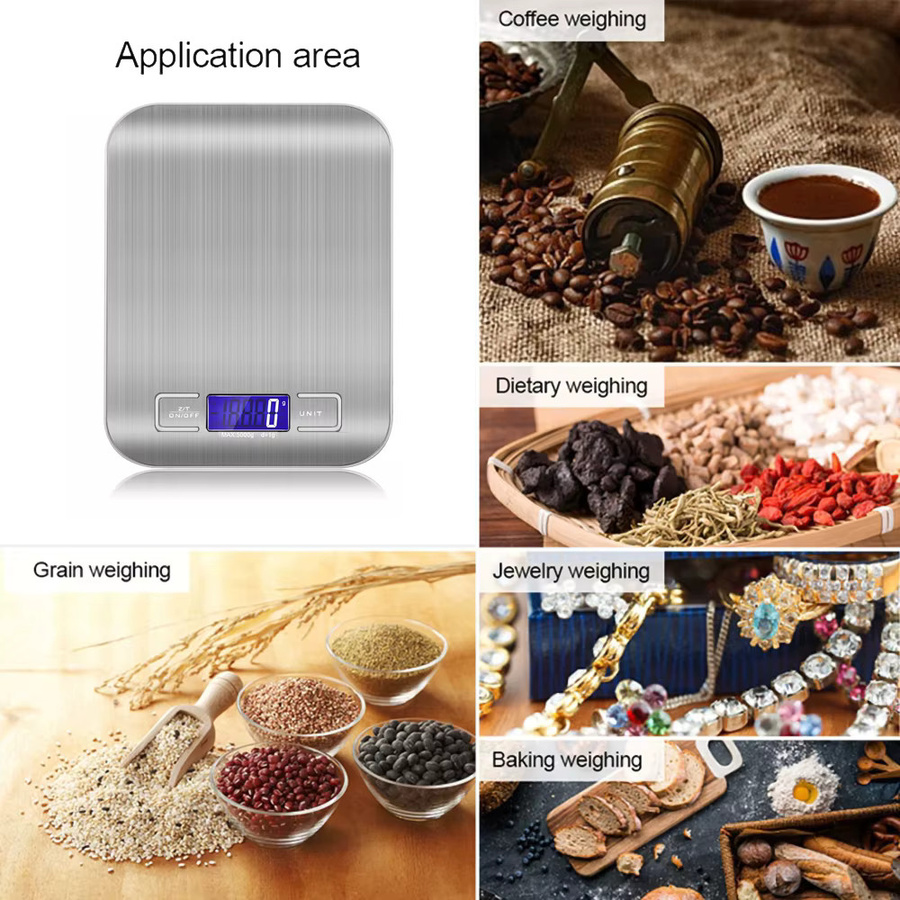 Elektronische Küchenwaage von kebidumei in Silber mit Edelstahl-Oberfläche und LCD-Display, Tragbare digitale Waage für Lebensmittel und Kaffee mit 5 kg Kapazität und 1 g Genauigkeit - Bild 3